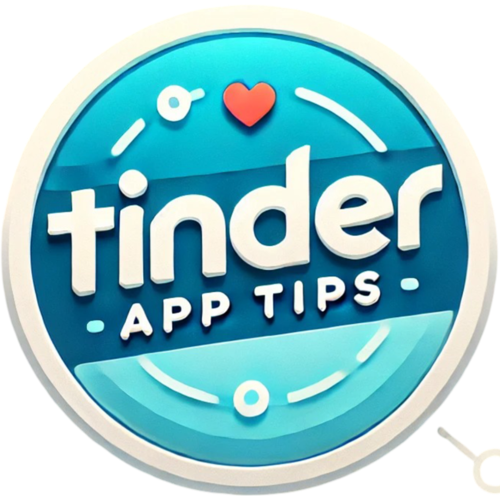 A round logo for 'TinderAppTips' with the text fully inside the circle. The colors are sky blue and white, with a minimalist design