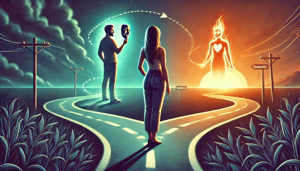 A symbolic header image representing how to avoid falling for a narcissist. The scene shows a woman standing at a crossroads, with one path leading