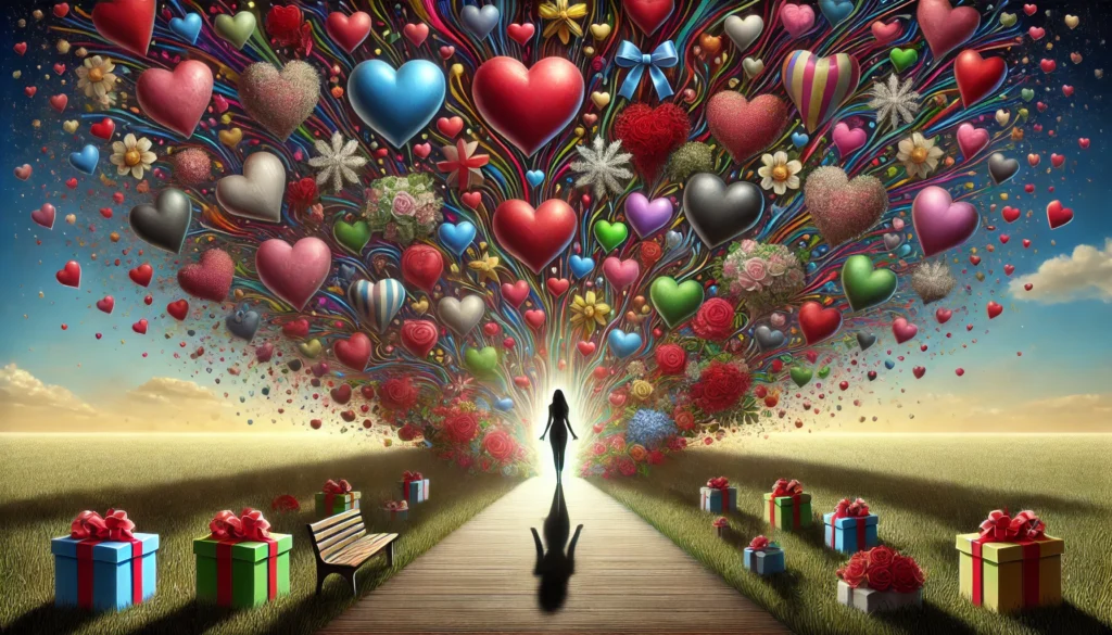 A symbolic header image representing the concept of love bombing in relationships. The scene shows a woman standing in the center, surrounded by overw