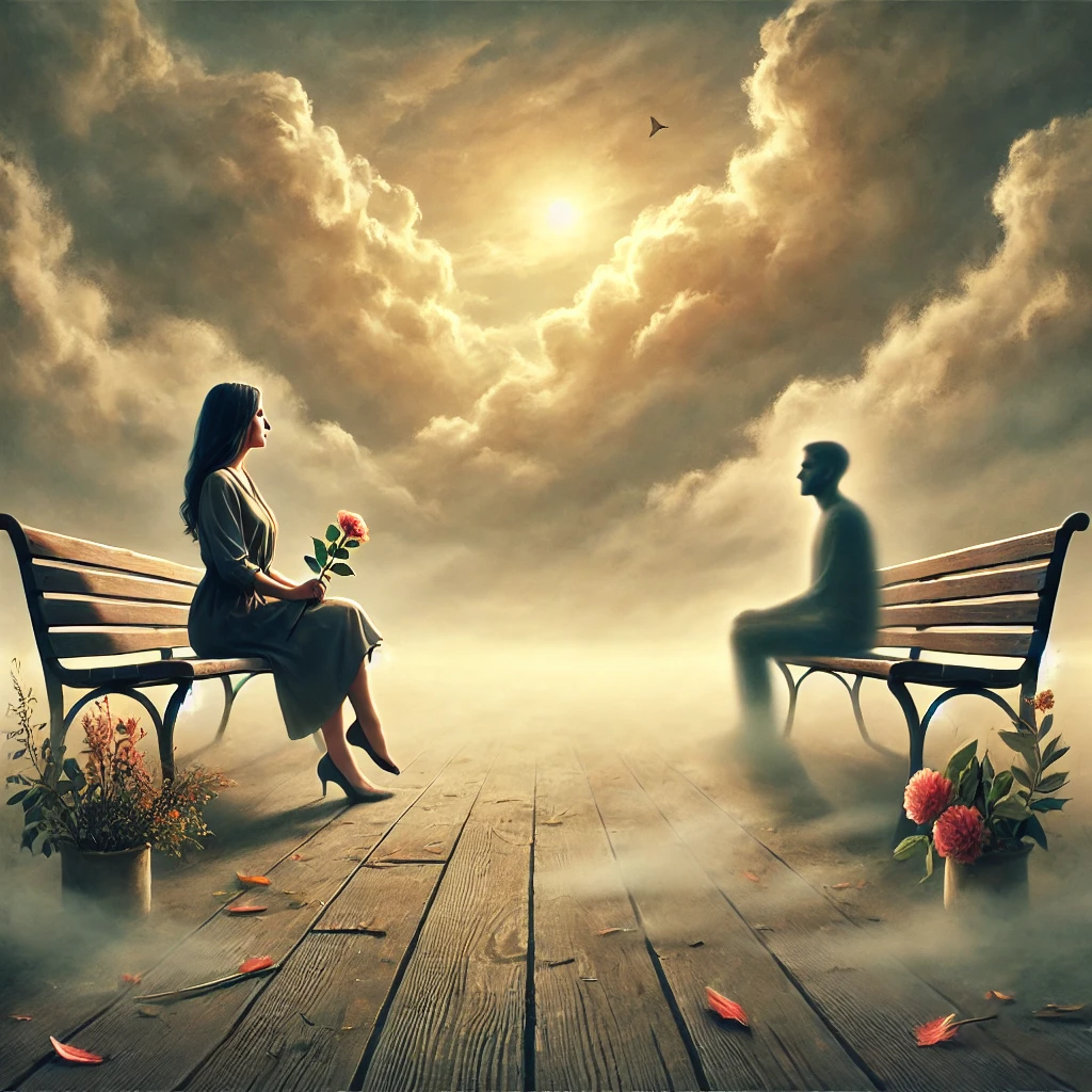 A-symbolic-realistic-image-representing-emotional-unavailability-in-relationships.-The-scene-shows-a-woman-sitting-on-a-bench-under-a-cloudy-sky