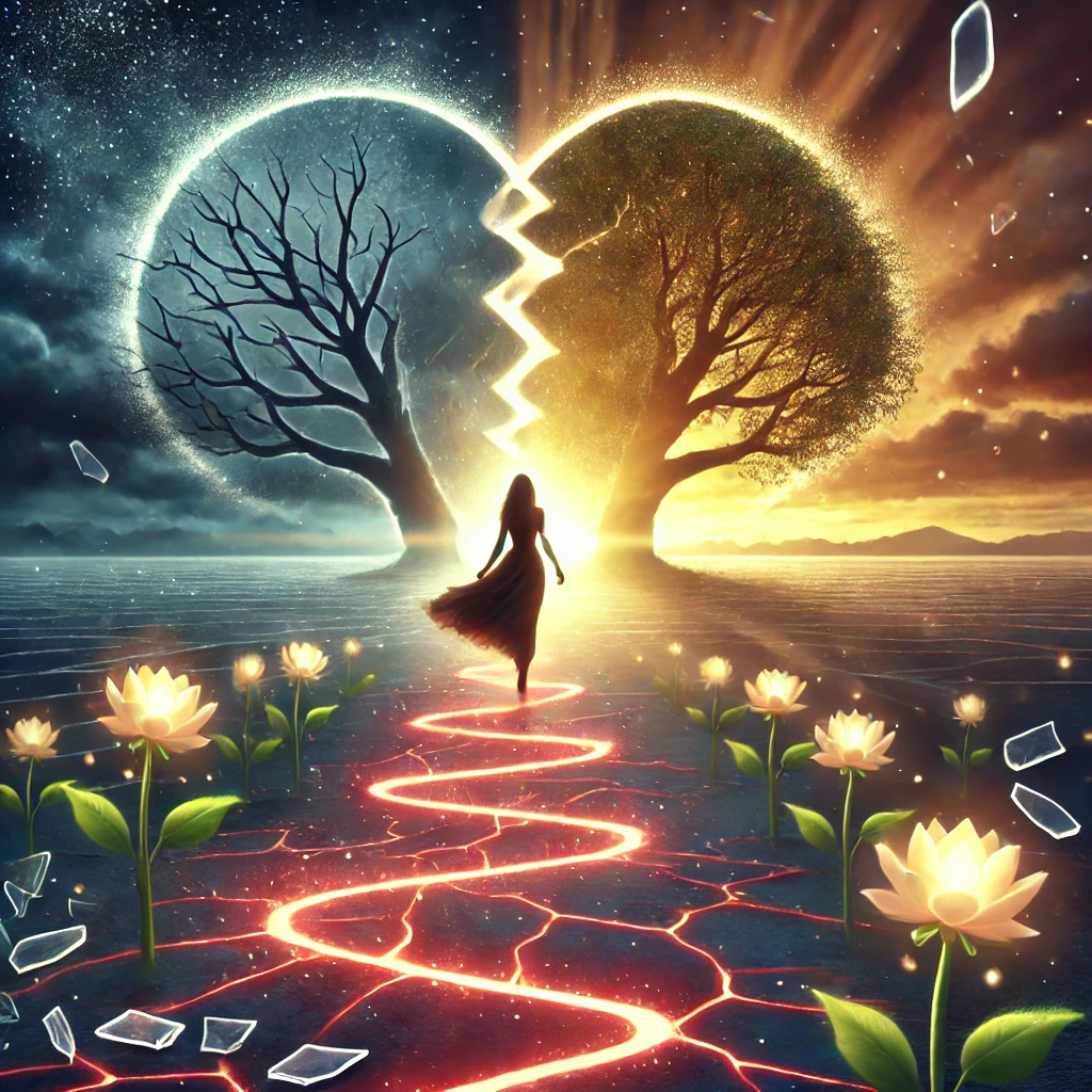 A-unique-symbolic-image-representing-personal-growth-after-heartbreak.-The-scene-shows-a-woman-walking-forward-on-a-glowing-cracked-path-in-the-shap