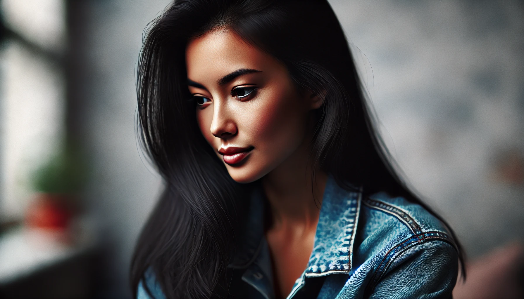 A woman with long black hair and a thoughtful expression. She is wearing a denim jacket. Her face appears calm, with soft lighting.