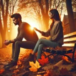 A couple sitting on a park bench during autumn, with fallen leaves around them. The man is looking away, seeming unsure or conflicted, while the woman