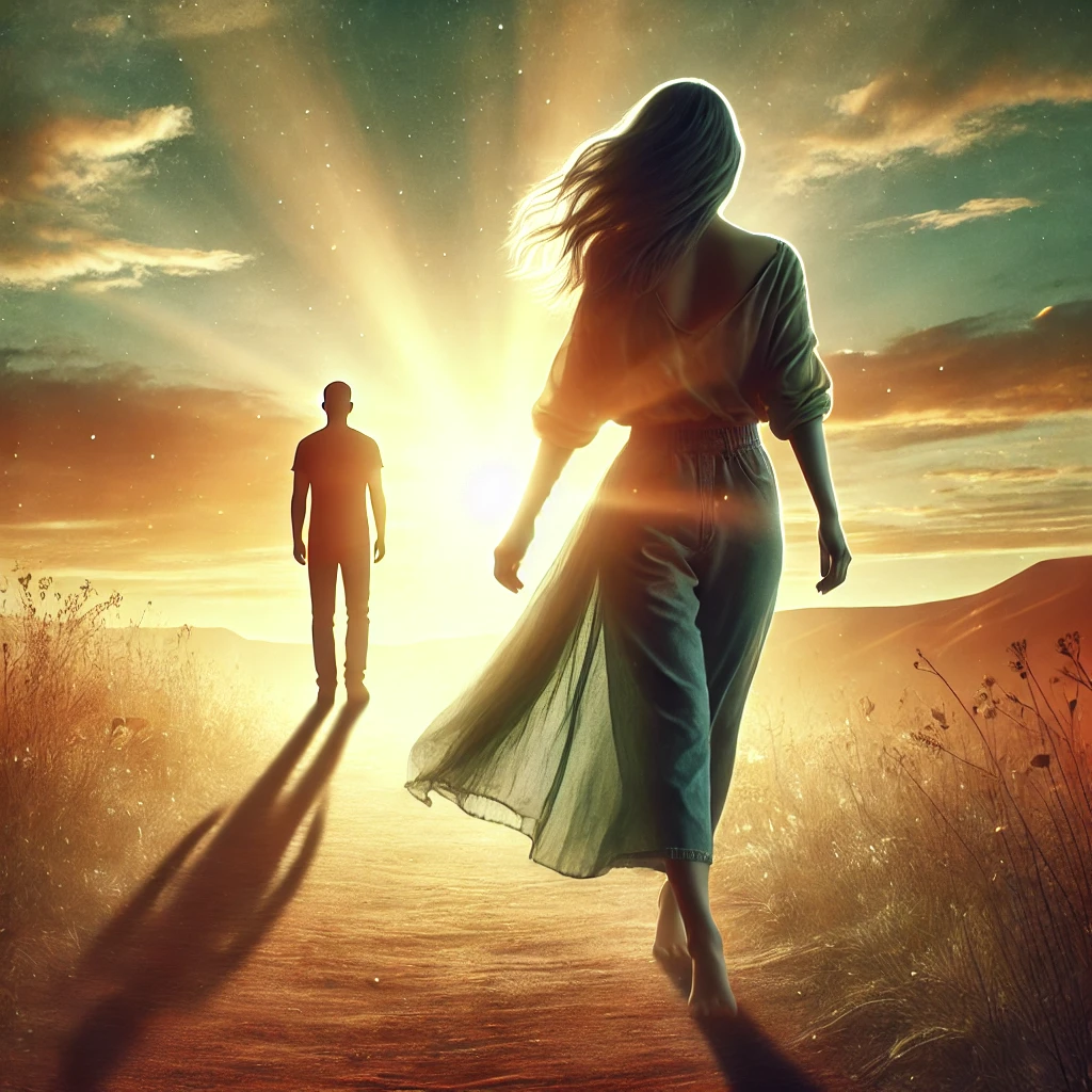 A symbolic image of a young woman walking away from a shadowed figure behind her, with warm sunlight ahead symbolizing new beginnings.