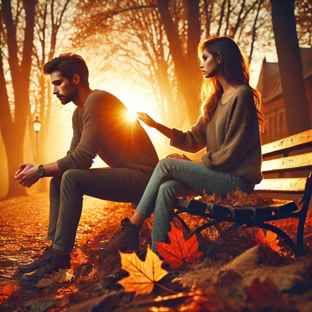 Emotional Couple Sitting on a Park Bench During Autumn Sunset